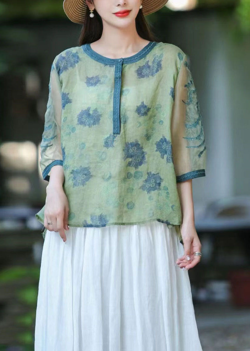 Boho Green O Neck Organza Embroideried Patchwork Linen Top Summer LY4077 - fabuloryshop