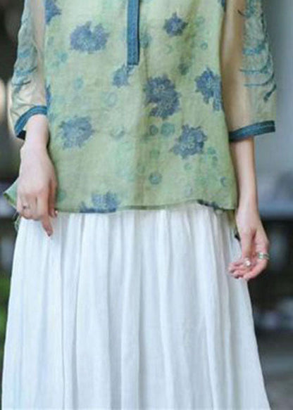 Boho Green O Neck Organza Embroideried Patchwork Linen Top Summer LY4077 - fabuloryshop