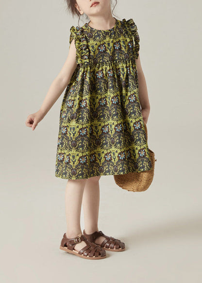 Boho Green O-Neck Print Ruffled Wrinkled Cotton Girls Mid Dress Sleeveless Ada Fashion