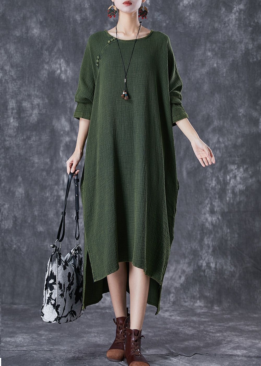 Boho Green Oversized Low High Design Linen Maxi Dresses Fall TD1060 - fabuloryshop