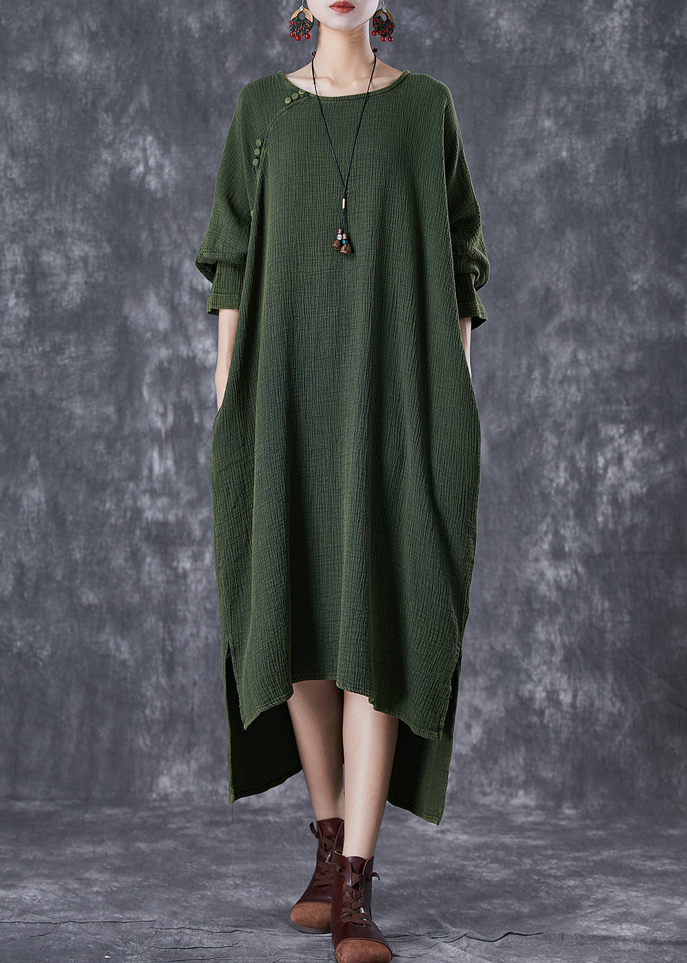 Boho Green Oversized Low High Design Linen Maxi Dresses Fall TD1060 - fabuloryshop