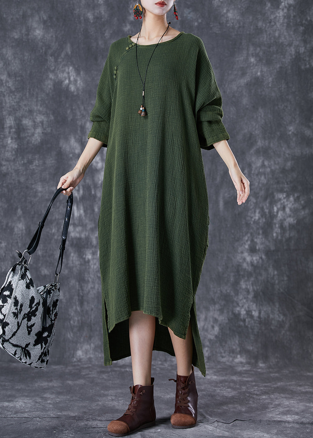 Boho Green Oversized Low High Design Linen Maxi Dresses Fall TD1060 - fabuloryshop