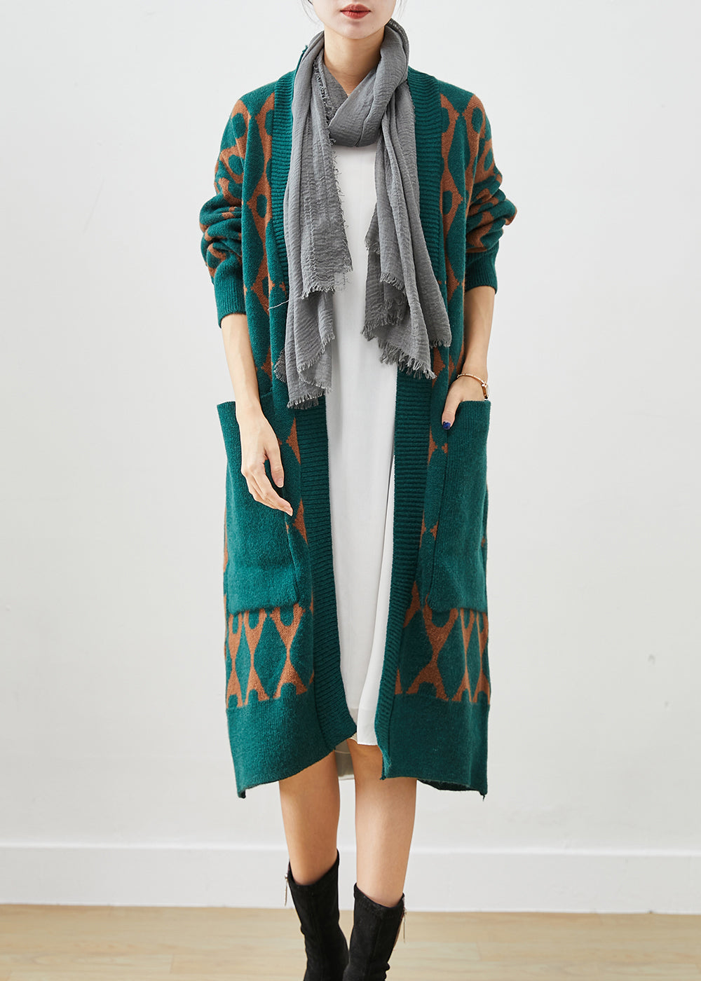 Boho Green Oversized Patchwork Pockets Knit Cardigan Fall Ada Fashion