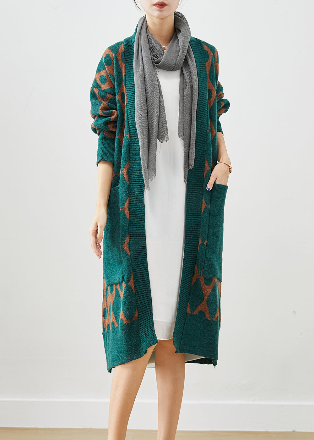 Boho Green Oversized Patchwork Pockets Knit Cardigan Fall Ada Fashion