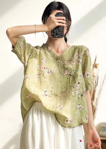 Boho Green Ruffled Button Print Patchwork Linen Top Summer LY2501 - fabuloryshop