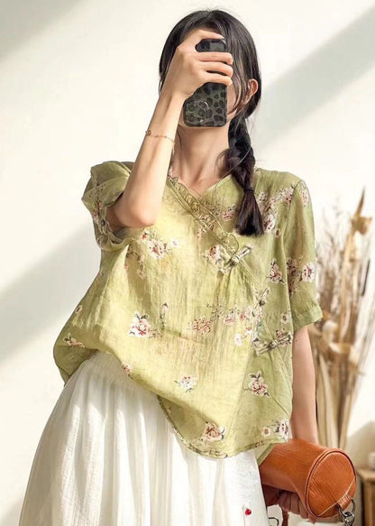 Boho Green Ruffled Button Print Patchwork Linen Top Summer LY2501 - fabuloryshop