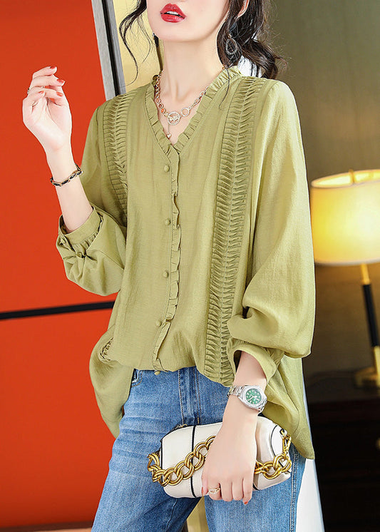 Boho Green Ruffled Patchwork Button Chiffo Shirts Long Sleeve LY6176 - fabuloryshop