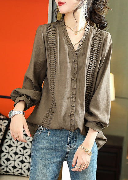 Boho Green Ruffled Patchwork Button Chiffo Shirts Long Sleeve LY6176 - fabuloryshop