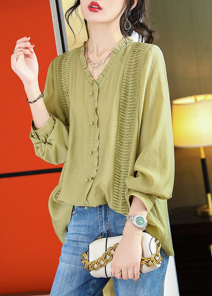 Boho Green Ruffled Patchwork Button Chiffo Shirts Long Sleeve LY6176 - fabuloryshop