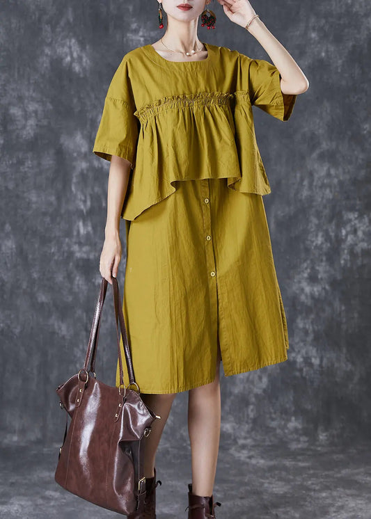 Boho Green Ruffled Patchwork Cotton Fake Two Piece Dress Fall Ada Fashion