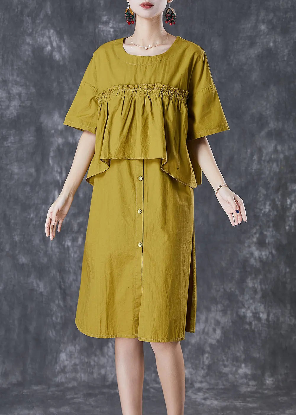 Boho Green Ruffled Patchwork Cotton Fake Two Piece Dress Fall Ada Fashion