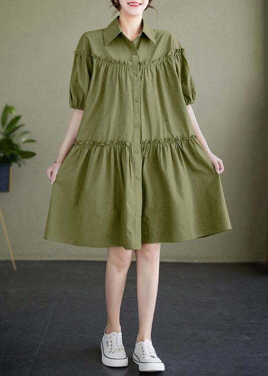 Boho Green Ruffled Patchwork Wrinkled Solid Cotton Mid Dress Summer LY2970 - fabuloryshop