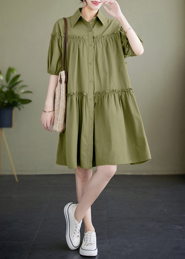 Boho Green Ruffled Patchwork Wrinkled Solid Cotton Mid Dress Summer LY2970 - fabuloryshop