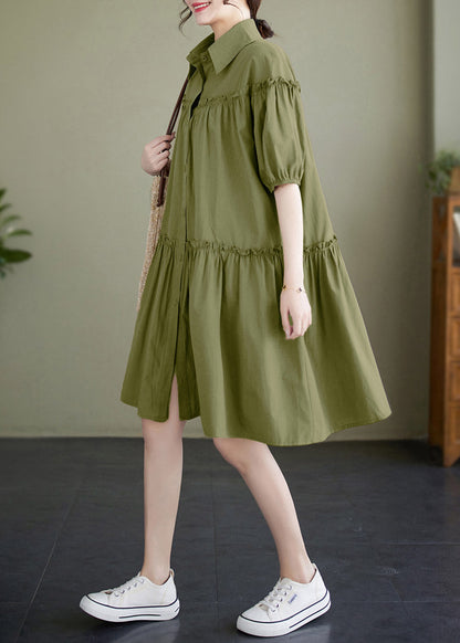 Boho Green Ruffled Patchwork Wrinkled Solid Cotton Mid Dress Summer LY2970 - fabuloryshop