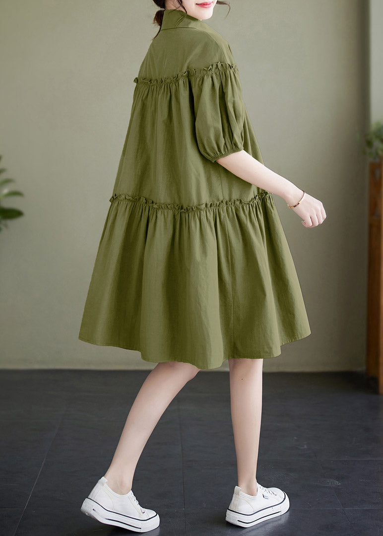 Boho Green Ruffled Patchwork Wrinkled Solid Cotton Mid Dress Summer LY2970 - fabuloryshop