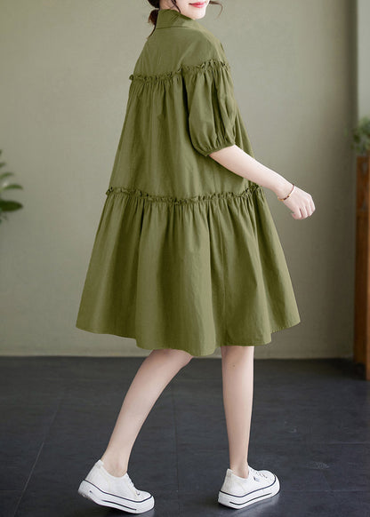 Boho Green Ruffled Patchwork Wrinkled Solid Cotton Mid Dress Summer LY2970 - fabuloryshop