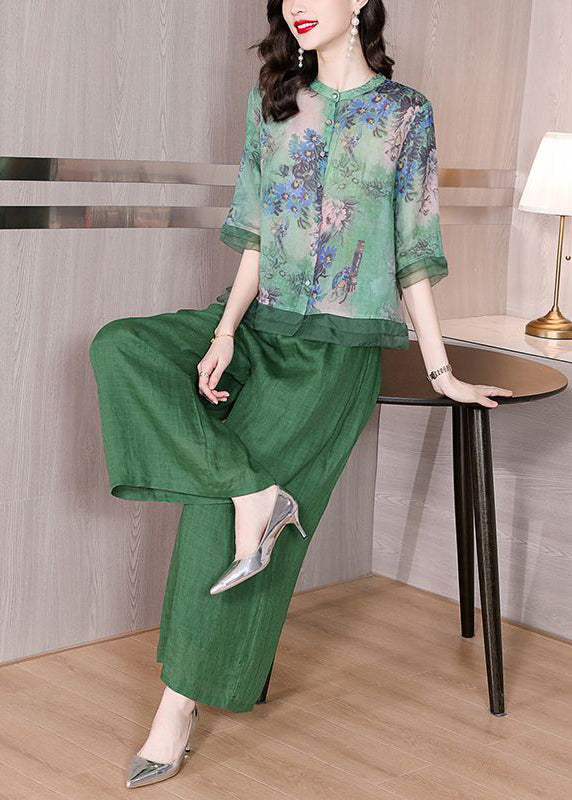 Boho Green Stand Collar Patchwork Print Linen Two Piece Set Women Clothing Summer LY2723 - fabuloryshop