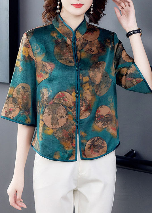 Boho Green Stand Collar Print Patchwork Silk Blouse Top Summer LC0277 - fabuloryshop