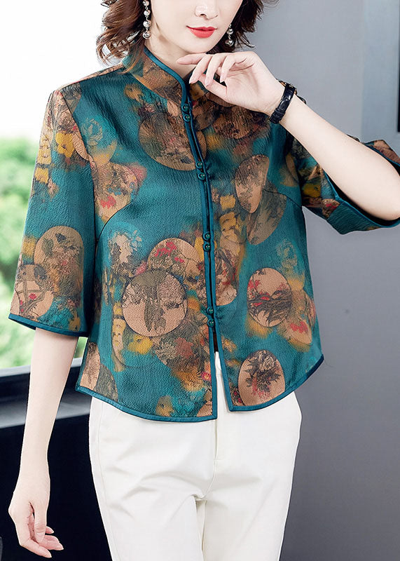 Boho Green Stand Collar Print Patchwork Silk Blouse Top Summer LC0277 - fabuloryshop