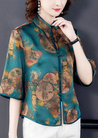 Boho Green Stand Collar Print Patchwork Silk Blouse Top Summer LC0277 - fabuloryshop