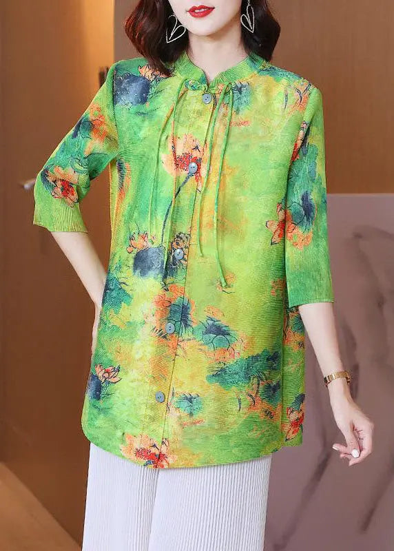 Boho Green Stand Collar Print Tassel Shirt Bracelet Sleeve Ada Fashion