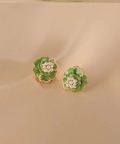 Boho Green Sterling Silver Copper Pearl Floral Stud Earrings TW1030 - fabuloryshop