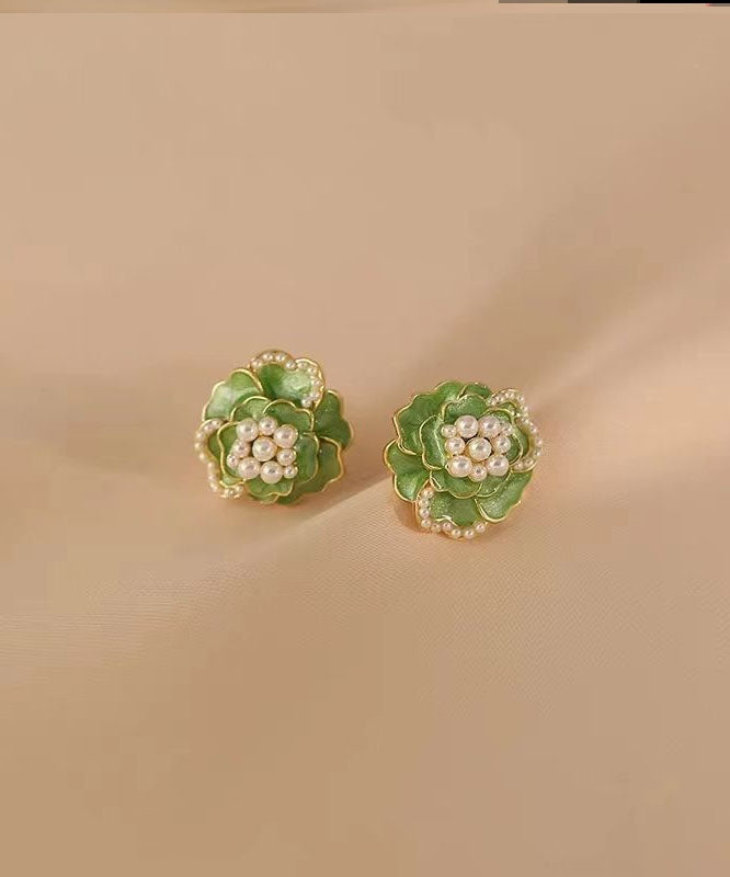 Boho Green Sterling Silver Copper Pearl Floral Stud Earrings TW1030 - fabuloryshop
