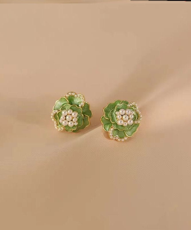 Boho Green Sterling Silver Copper Pearl Floral Stud Earrings Ada Fashion