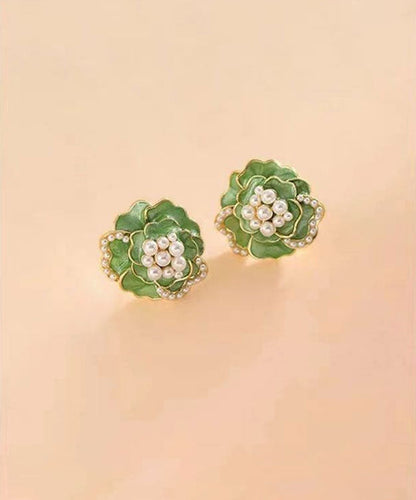 Boho Green Sterling Silver Copper Pearl Floral Stud Earrings TW1030 - fabuloryshop