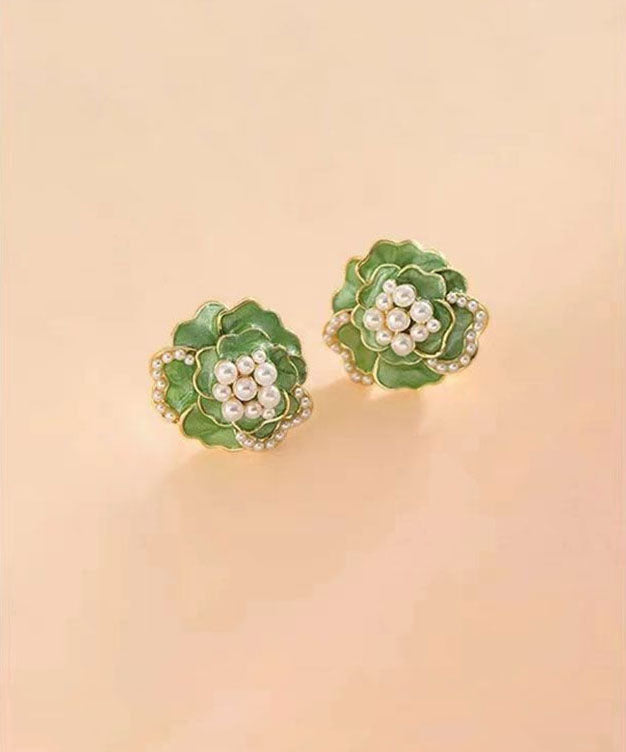 Boho Green Sterling Silver Copper Pearl Floral Stud Earrings Ada Fashion