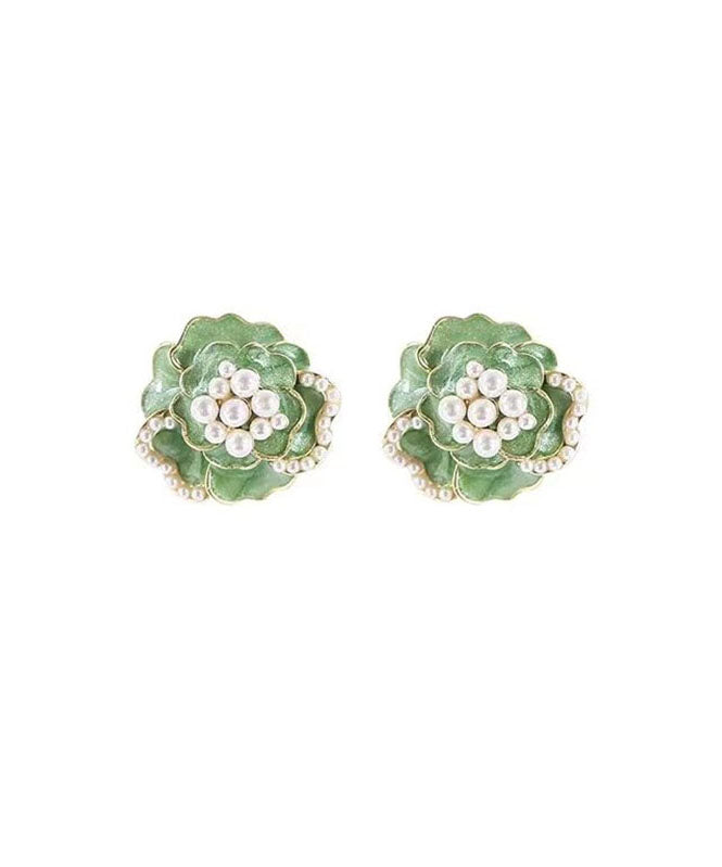 Boho Green Sterling Silver Copper Pearl Floral Stud Earrings Ada Fashion