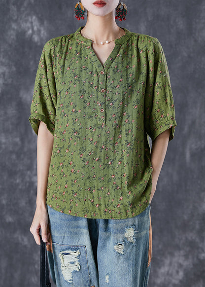 Boho Green V Neck Print Cotton Top Summer TD1024 - fabuloryshop