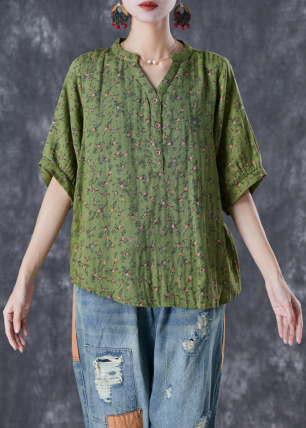 Boho Green V Neck Print Cotton Top Summer TD1024 - fabuloryshop