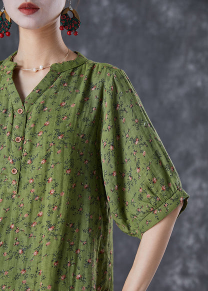 Boho Green V Neck Print Cotton Top Summer TD1024 - fabuloryshop