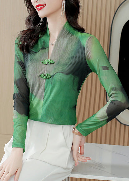 Boho Green V Neck Tie Dye Chinese Button Tulle Blouse Tops Spring LY0412 - fabuloryshop