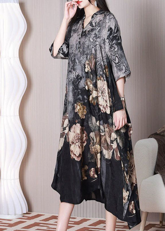 Boho Grey Asymmetrical Design Print Silk Dresses Half Sleeve LY3771 - fabuloryshop