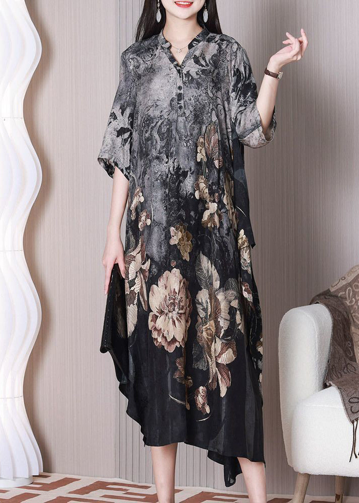 Boho Grey Asymmetrical Design Print Silk Dresses Half Sleeve LY3771 - fabuloryshop