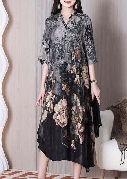 Boho Grey Asymmetrical Design Print Silk Dresses Half Sleeve LY3771 - fabuloryshop