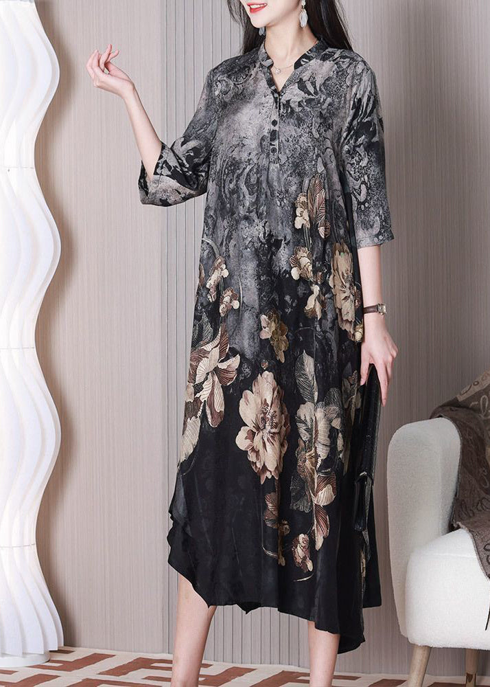 Boho Grey Asymmetrical Design Print Silk Dresses Half Sleeve LY3771 - fabuloryshop