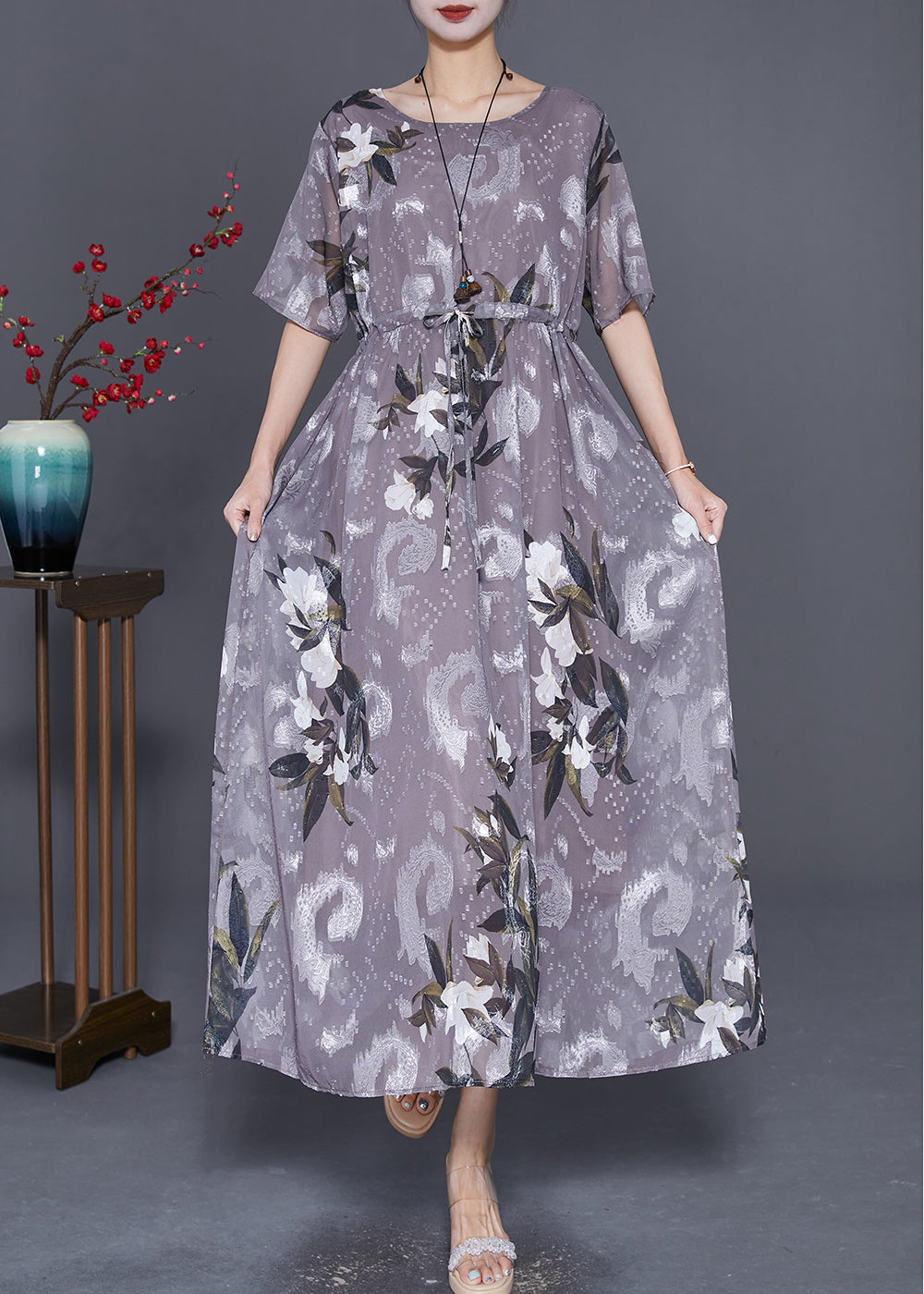 Boho Graues Chiffon-Langes Kleid mit Cinch-Print für den Sommer LY7663