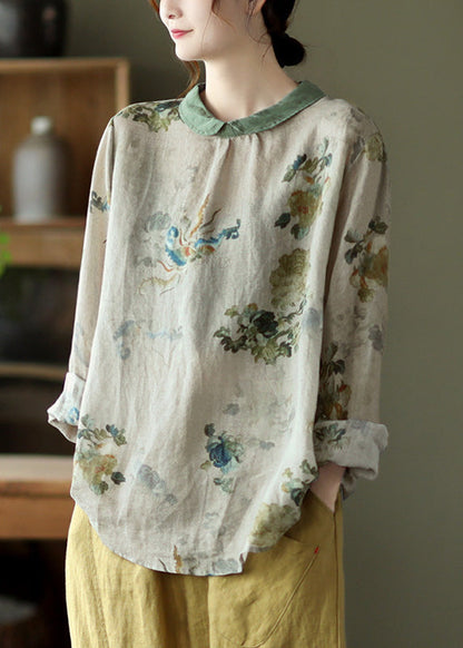 Boho Grey Print Loose Ramie T Shirt Spring LY4993 - fabuloryshop