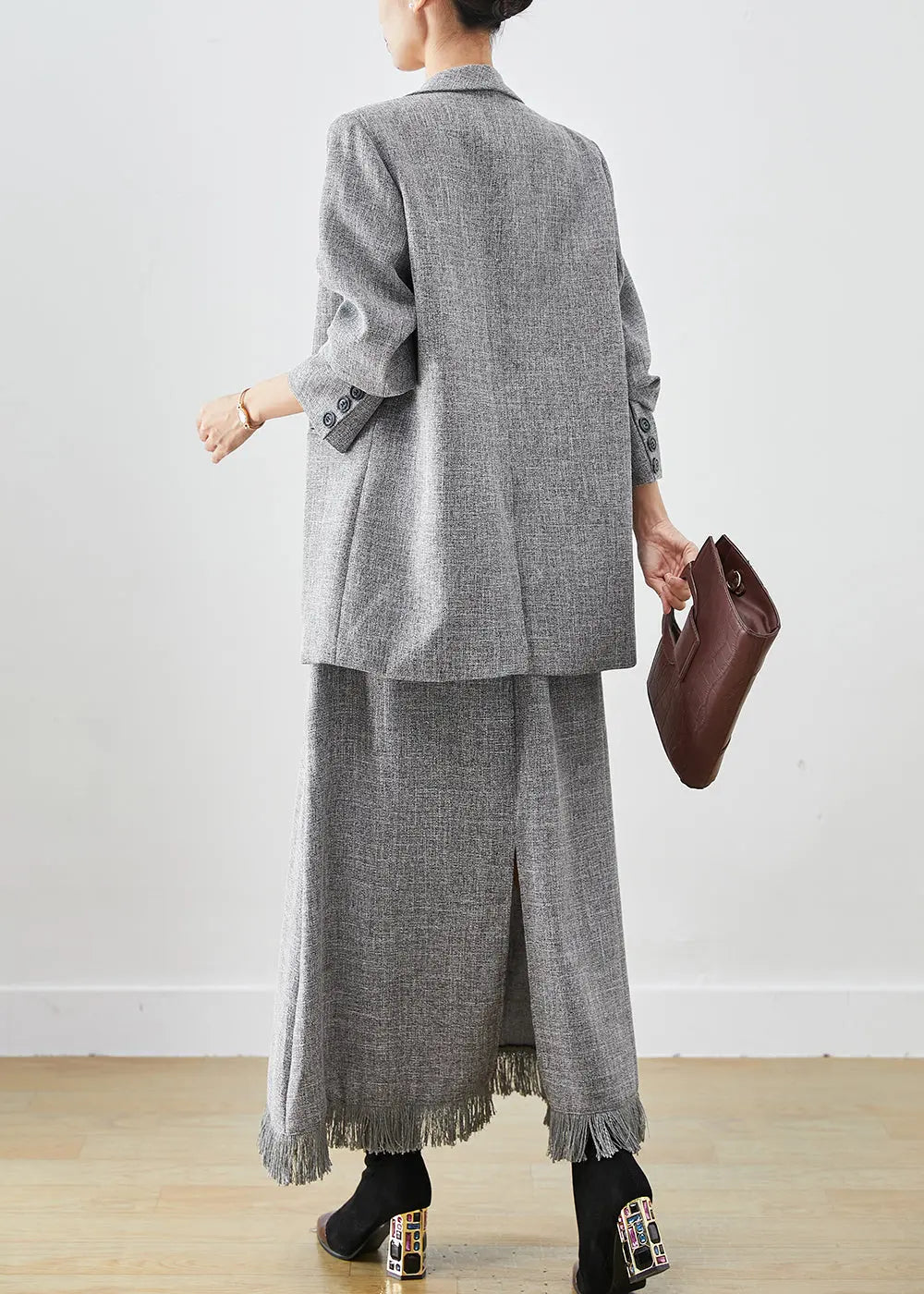 Boho Grey Tasseled Linen Women Sets 2 Pieces Winter Ada Fashion