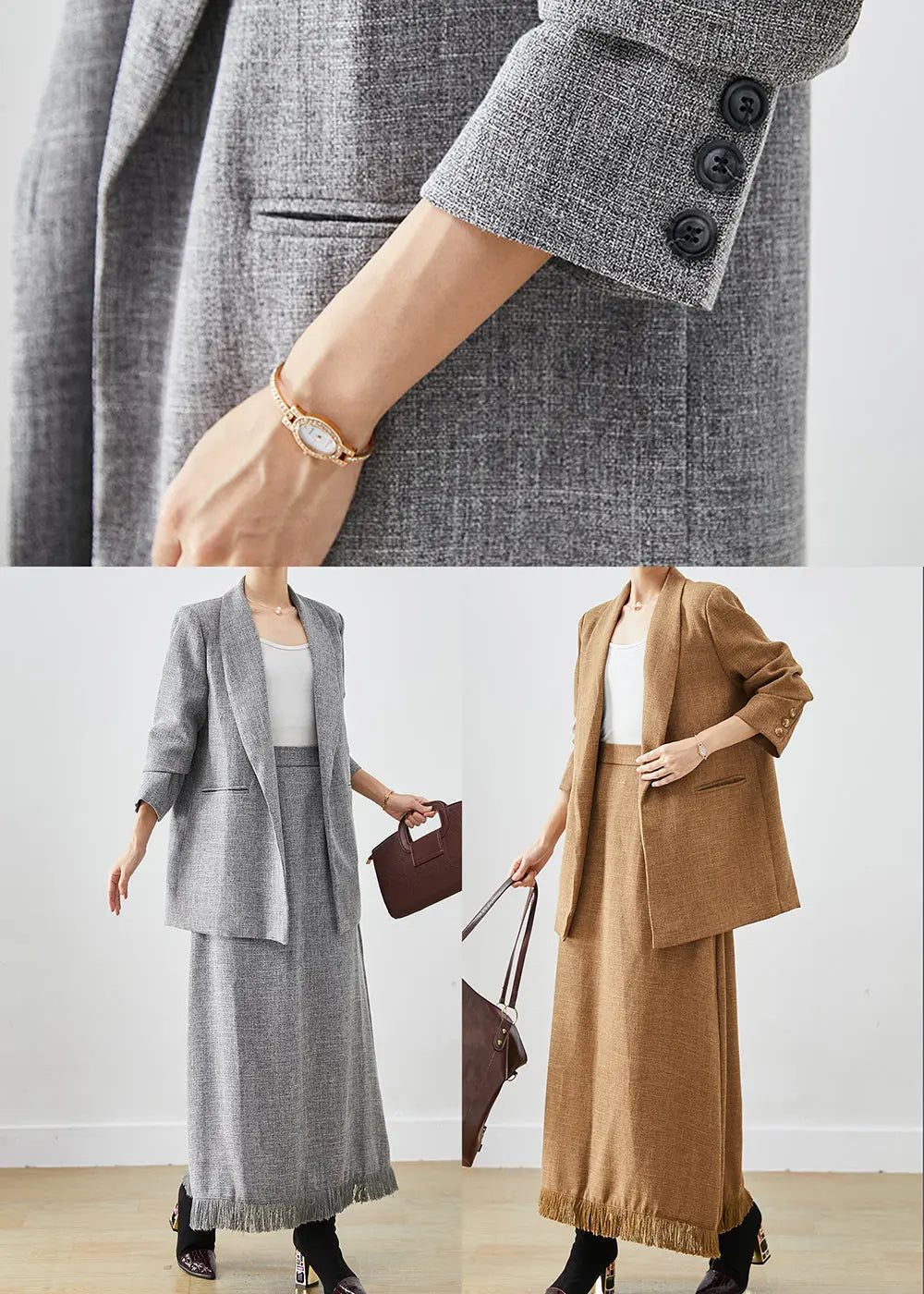 Boho Grey Tasseled Linen Women Sets 2 Pieces Winter Ada Fashion