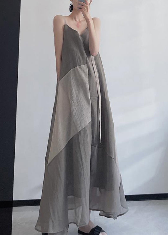 Boho Grey V Neck Asymmetrical Design Patchwork Linen Spaghetti Strap Dress Sleeveless Ada Fashion