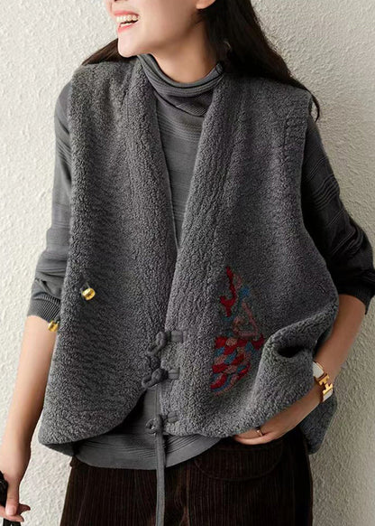 Boho Grey V Neck Chinese Button Patchwork Wool Vest Sleeveless Ada Fashion