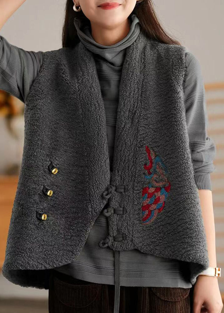 Boho Grey V Neck Chinese Button Patchwork Wool Vest Sleeveless Ada Fashion