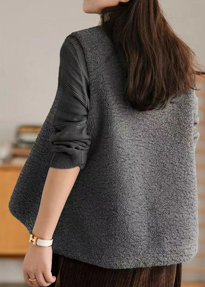 Boho Grey V Neck Chinese Button Patchwork Wool Vest Sleeveless Ada Fashion