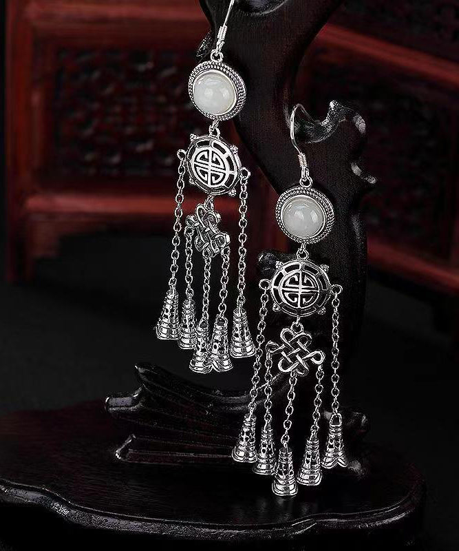 Boho Jade Patchwork Tassel Silver Drop Earrings Ada Fashion