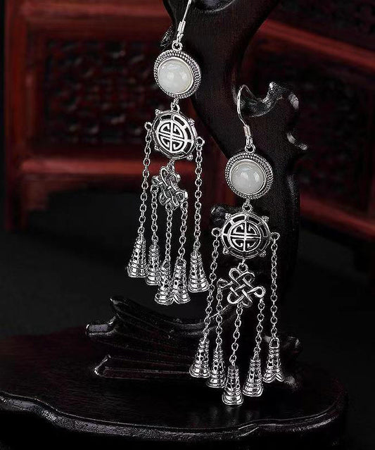 Boho Jade Patchwork Tassel Silver Drop Earrings Ada Fashion