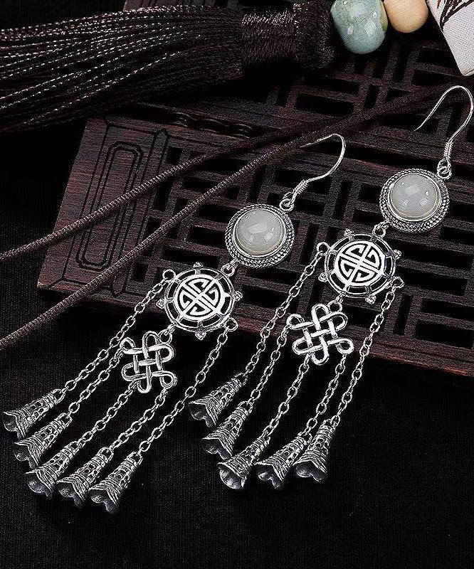 Boho Jade Patchwork Tassel Silver Drop Earrings Ada Fashion